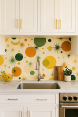 Atomic Yucca Wallpaper with yellow, orange, and green atomic starburst pattern.
