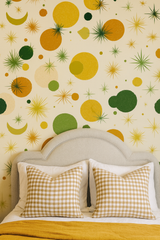 Atomic Yucca wallpaper with retro yellow and green design, patterned with circles and starbursts.