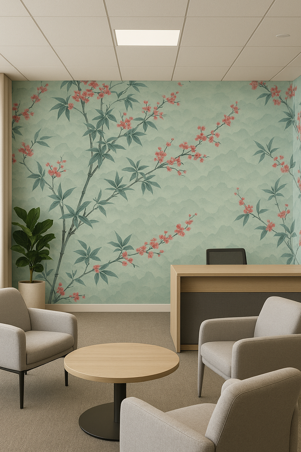 Sakura Mist Wallpaper with a pale green background featuring peach-colored cherry blossom branches.