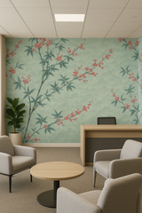 Sakura Mist Wallpaper with a pale green background featuring peach-colored cherry blossom branches.