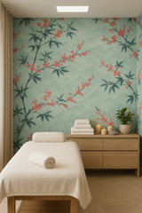 Sakura Mist Wallpaper featuring a tree branch and floral design, displayed on a light green background.
