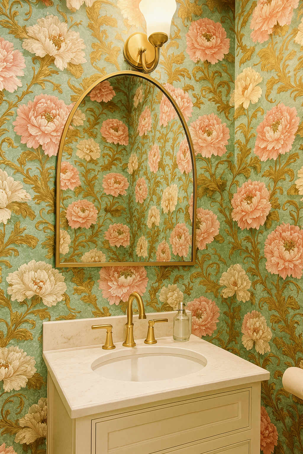 Floral pattern Victorian Bloomscape Wallpaper with pink flowers, textured background.