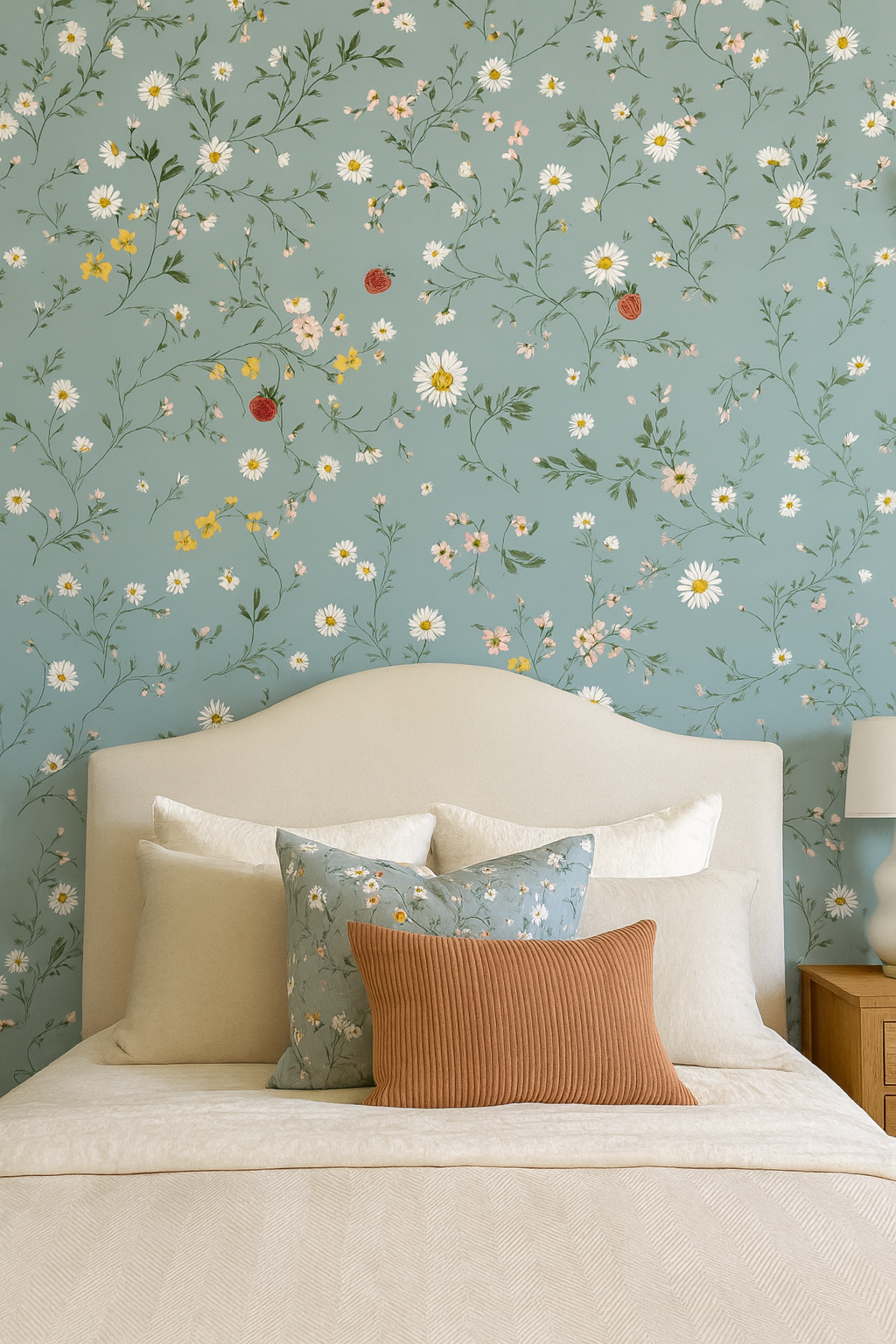 Strawberry Thicket Wallpaper featuring a dense floral design with strawberries scattered on a blue backdrop.
