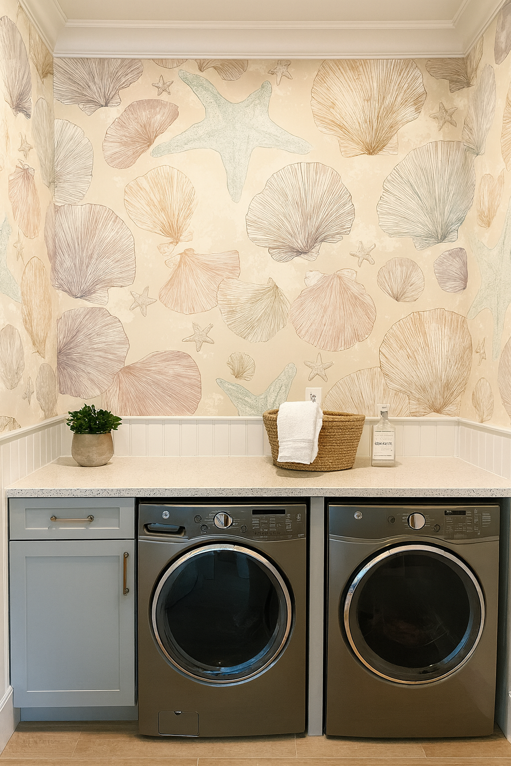 Seashell pattern wallpaper with starfish by unknown brand, covering the laundry room walls in a coastal style.