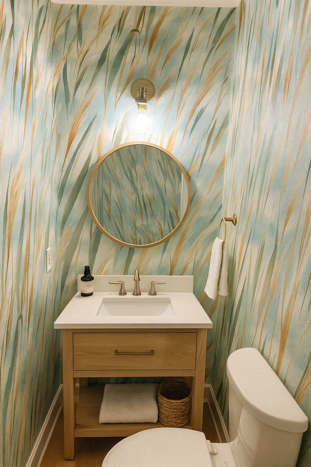 Sea Whispers wallpaper with vertical grass pattern, featuring blue, green, and tan hues.
