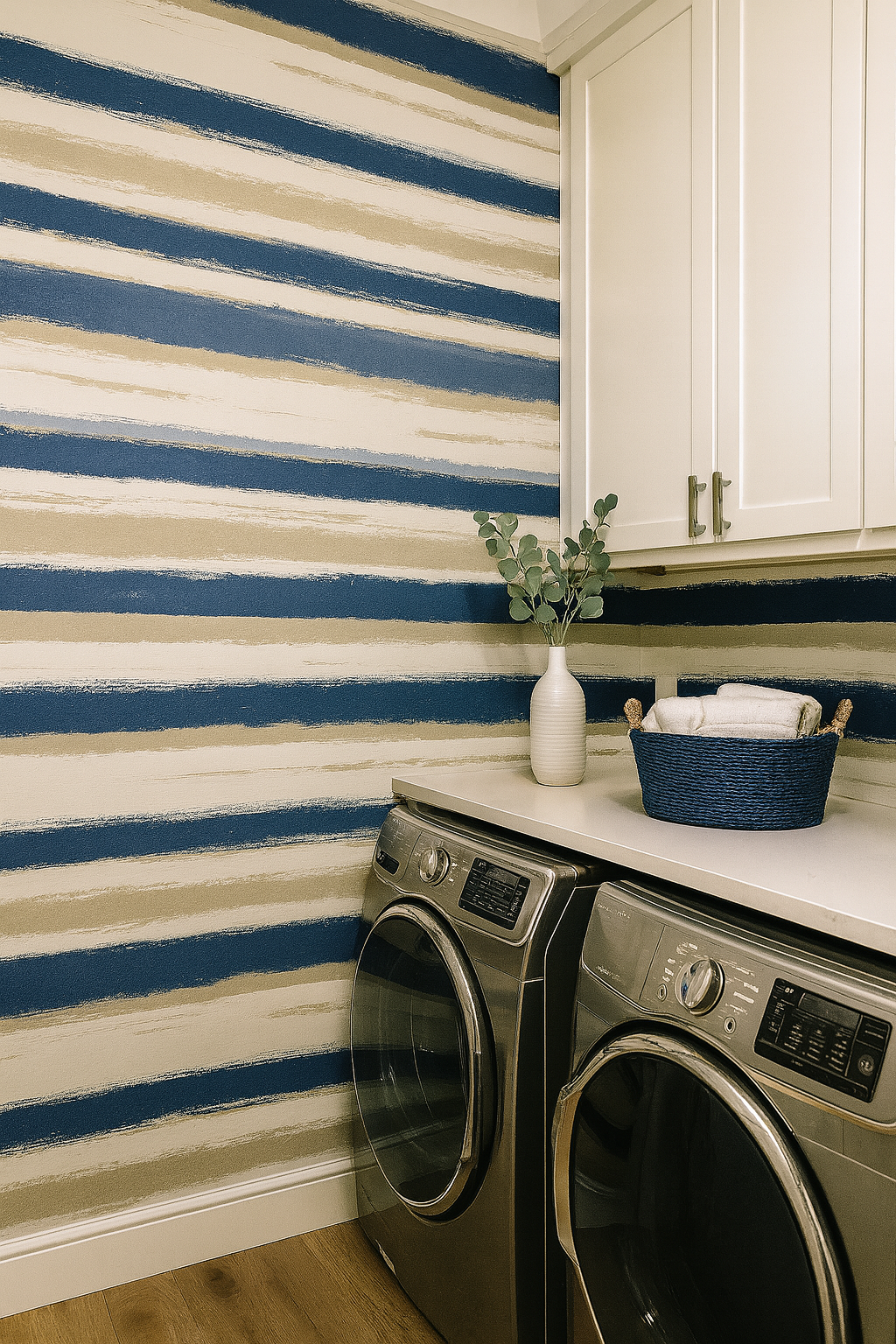 Horizontal striped wallpaper by Nautica, featuring blue and tan brushstroke-style bands.