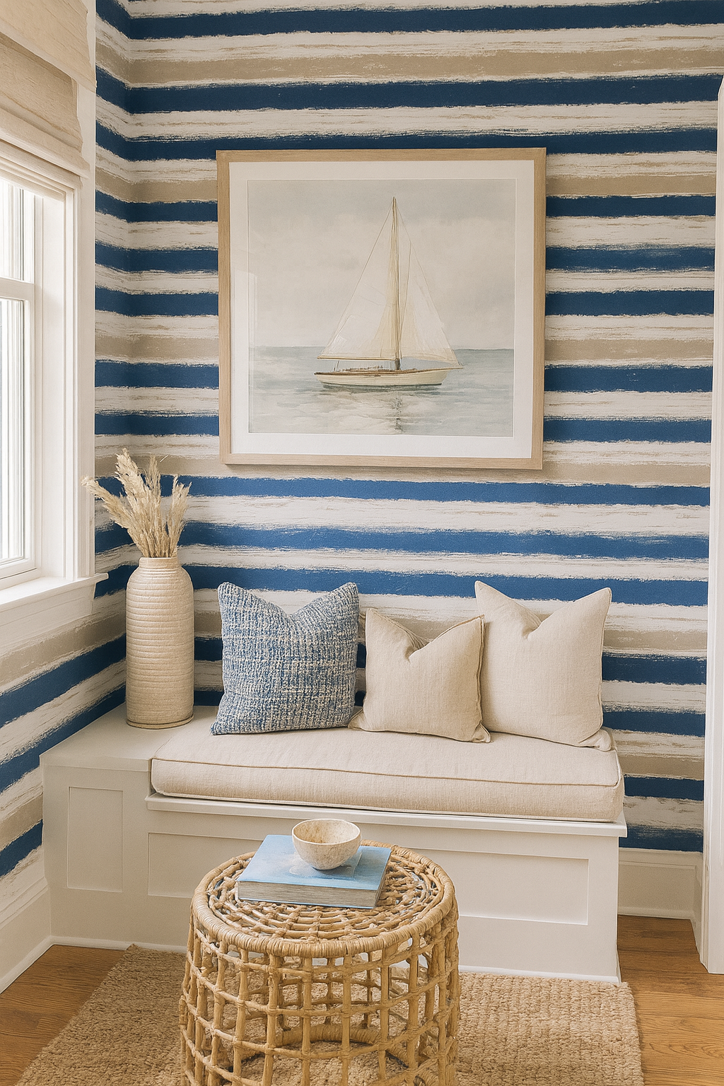 Nautica Rustica wallpaper with horizontal blue and beige brushstroke stripes on the wall.