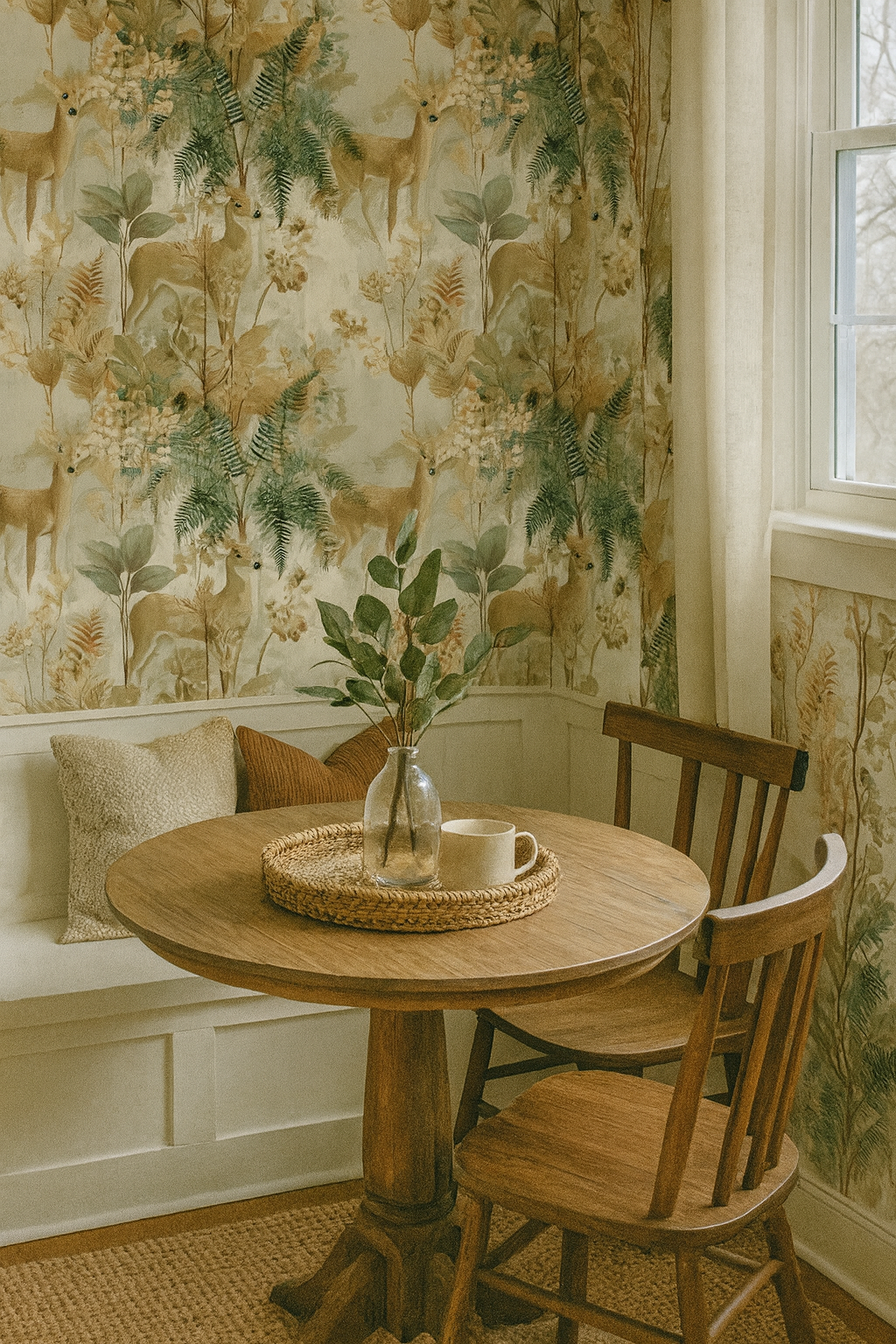 Forest Fawns wallpaper with deer and ferns, featuring green and beige hues, creating a natural pattern.
