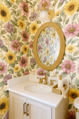 Floral Prairie Reverie Wallpaper with a colorful sunflower and chrysanthemum pattern covering the entire surface.
