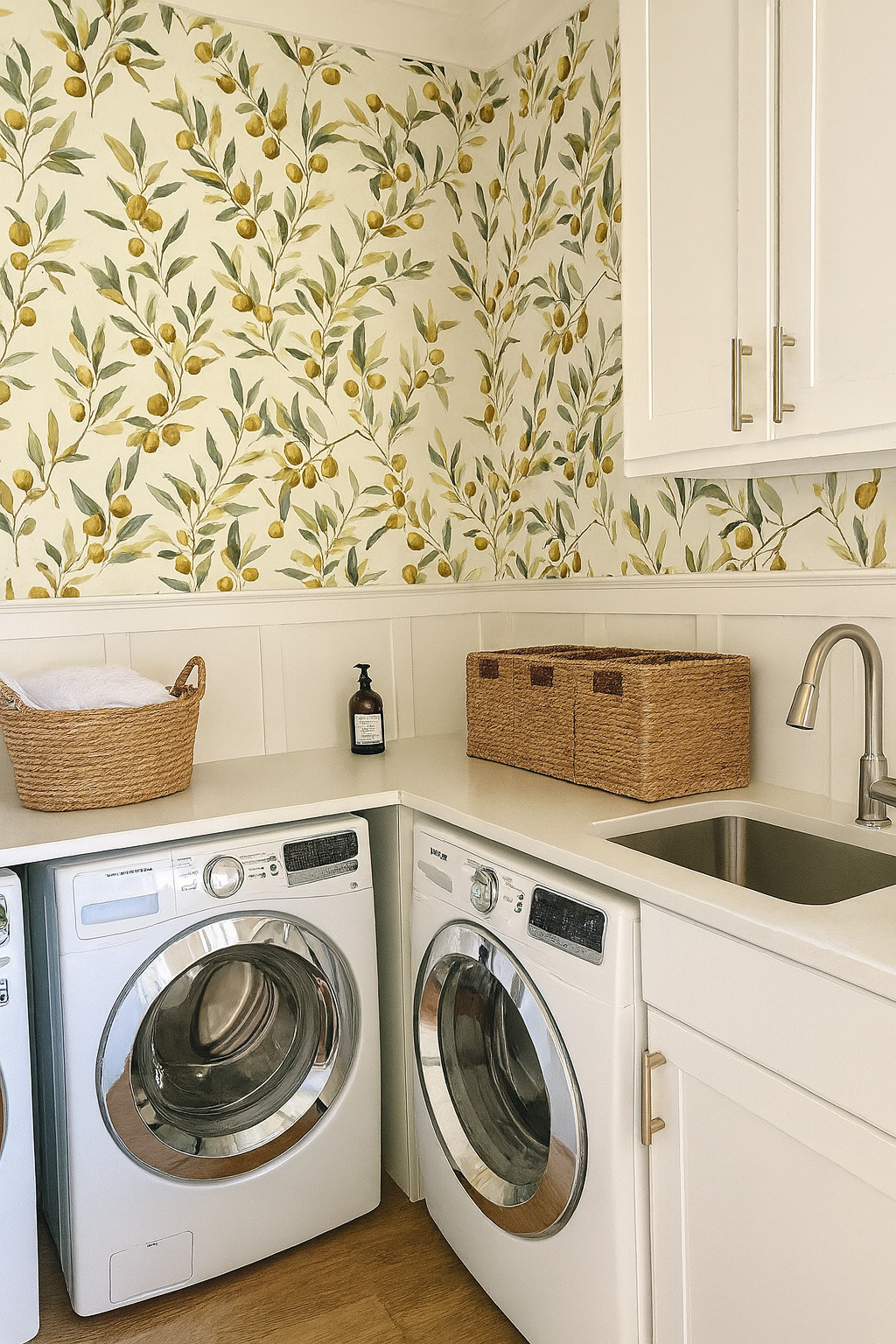 Tuscan Olives wallpaper with olive branches and golden fruit design on a neutral background.
