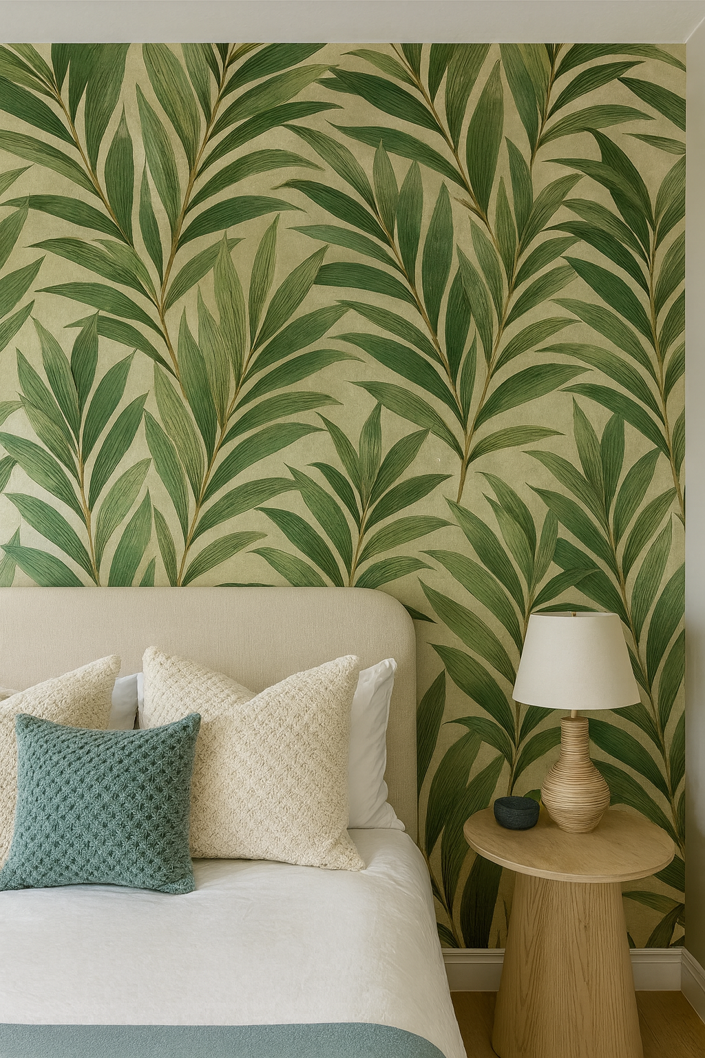 Green leaf patterned wallpaper with green leaf design, styled on a bedroom wall.
