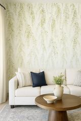 Weeping grove wallpaper with green leaf pattern on white background.
