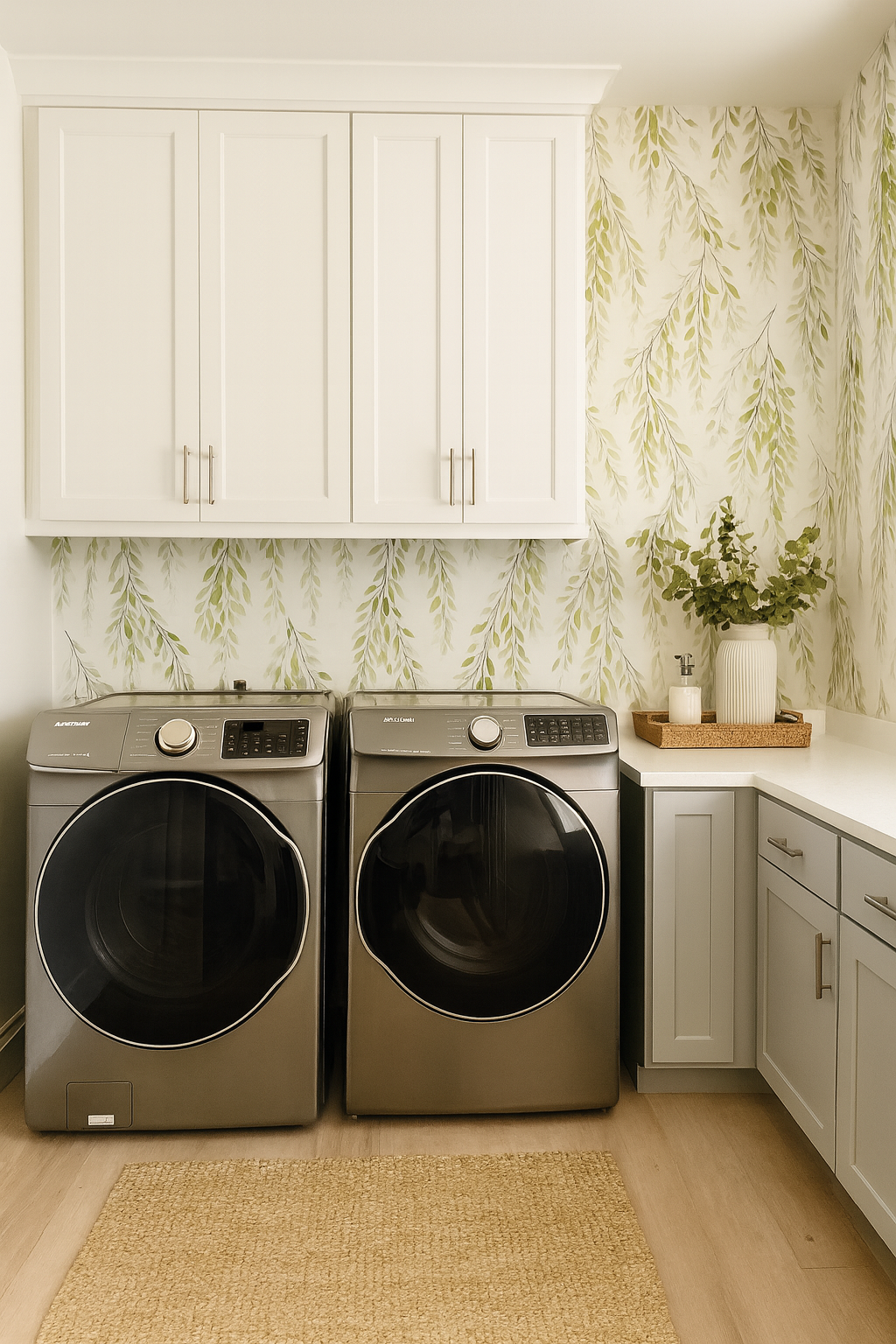 Weeping Grove wallpaper with leaf pattern and natural tones, showing a laundry room setting.
