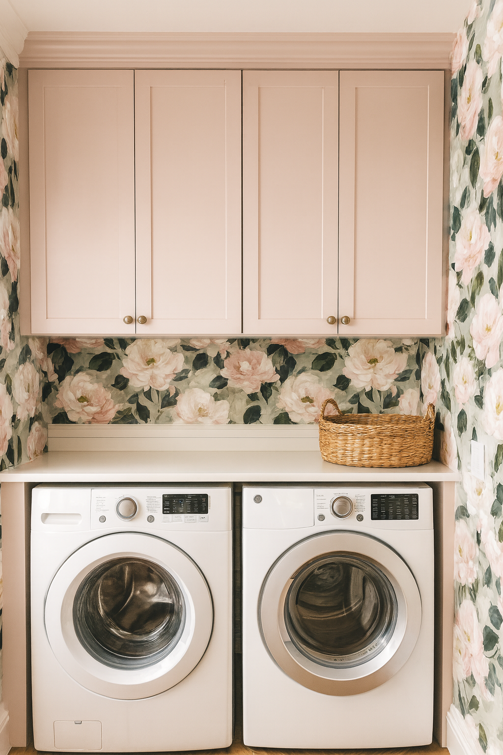 Floral peony wallpaper with pink and green pattern, covering the wall space above a white countertop.
