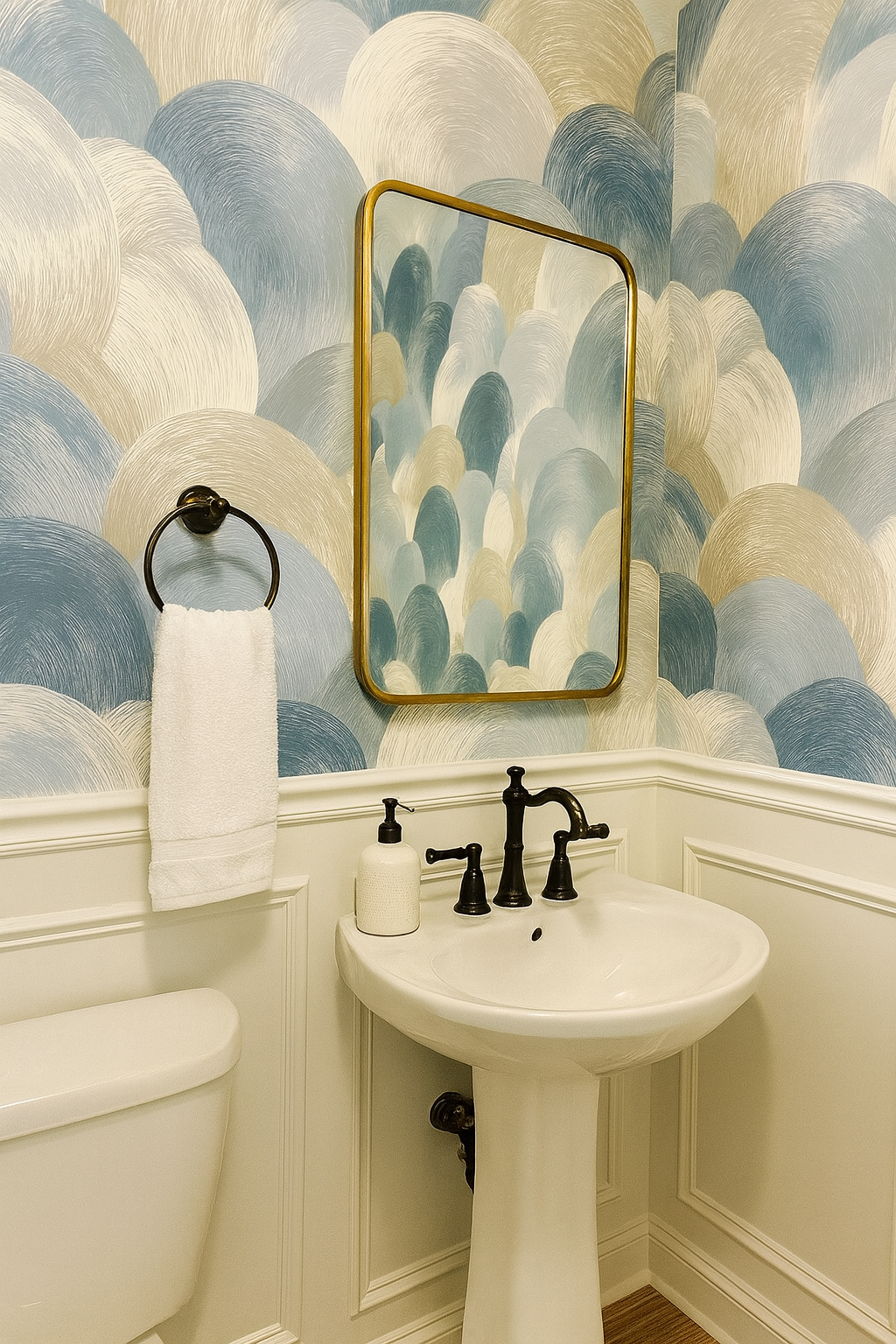 Seafoam swirl wallpaper with a textured pattern of blue, beige and white overlapping circles.
