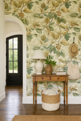 Shagbark Study wallpaper with a leaf and berry pattern on a textured background.