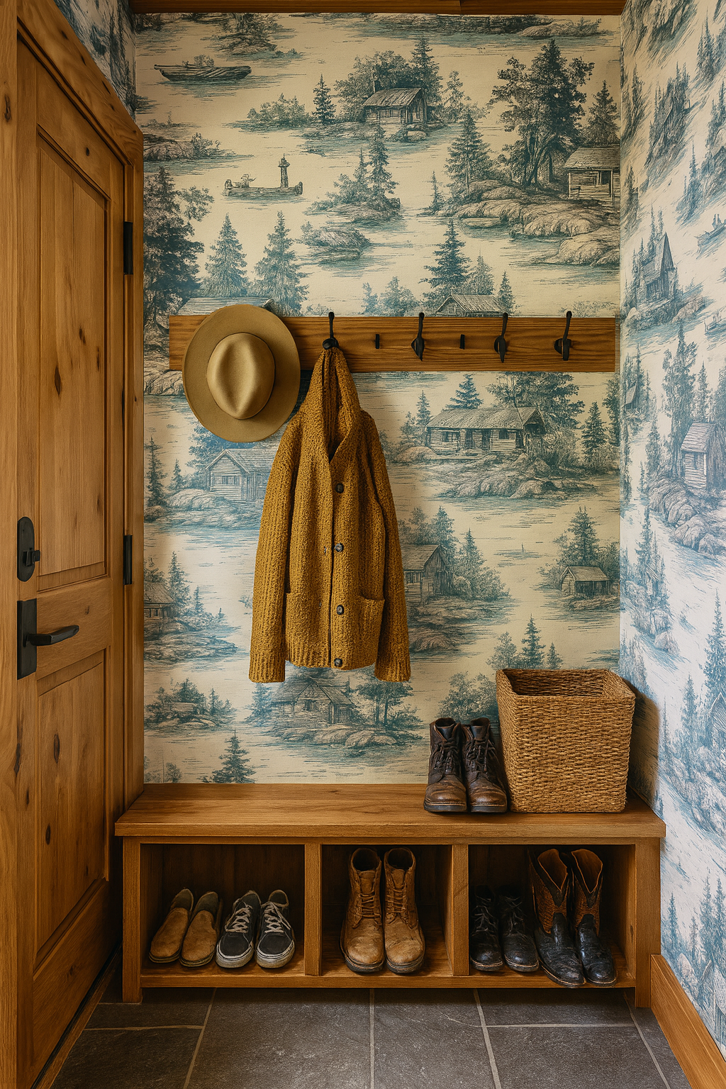 Cabin Sketches Wallpaper featuring a toile pattern, with sketches of cabins, trees, and lakes.