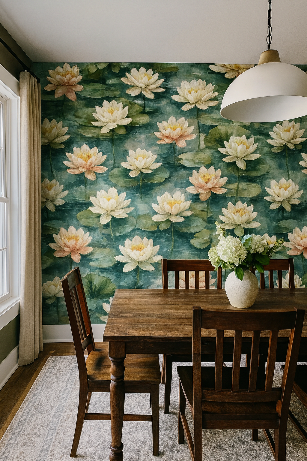 Stillwater Petals Wallpaper featuring a watercolor lotus pattern on teal background.