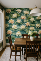 Stillwater Petals Wallpaper featuring a watercolor lotus pattern on teal background.