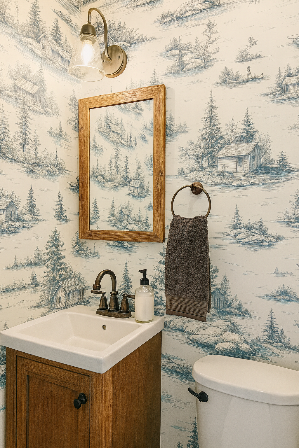 Cabin Sketches Wallpaper with blue cabins and trees pattern.
