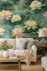 Stillwater Petals Wallpaper with lotus pattern on a painted teal background.
