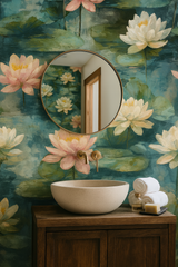 Stillwater Petals Wallpaper with a floral motif, displayed in a bathroom setting.
