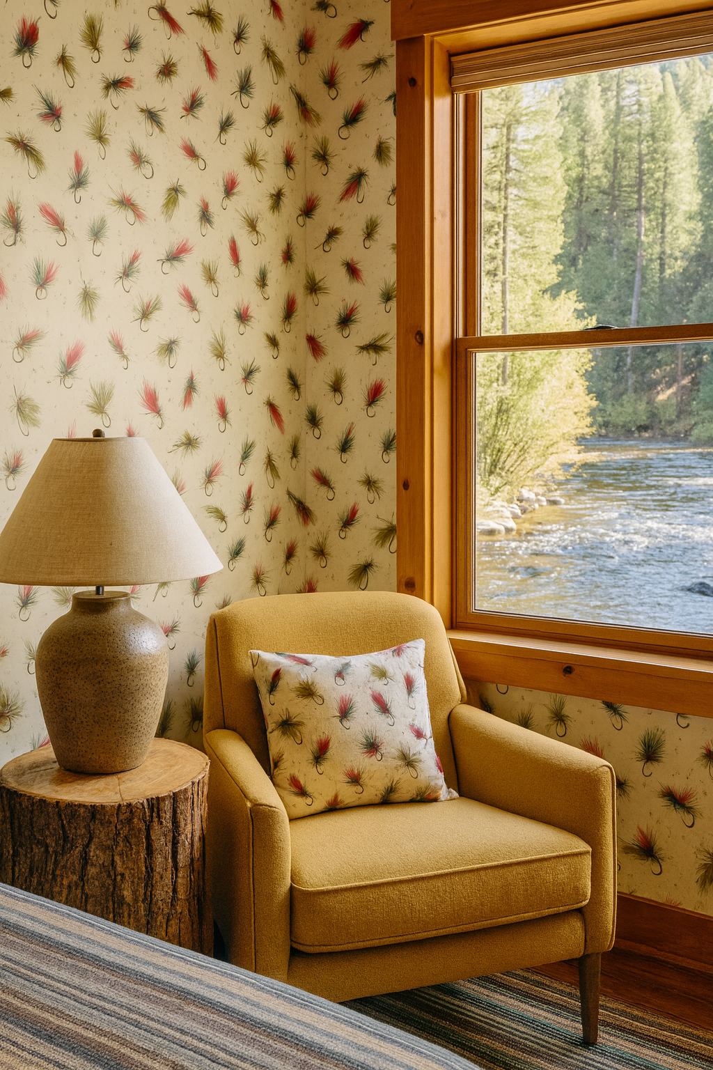 Lure-You-In wallpaper with a fly fishing lure pattern, shown on a wall next to a window.
