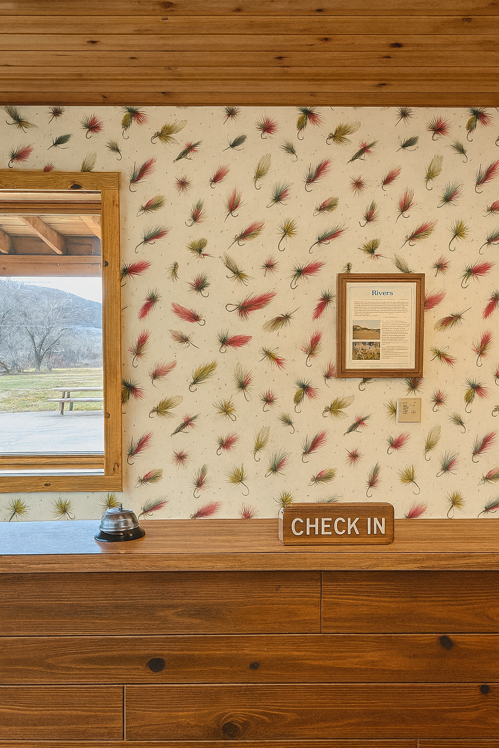Fishing lure pattern wallpaper with red and green accents, covering the walls above a wooden check-in counter.