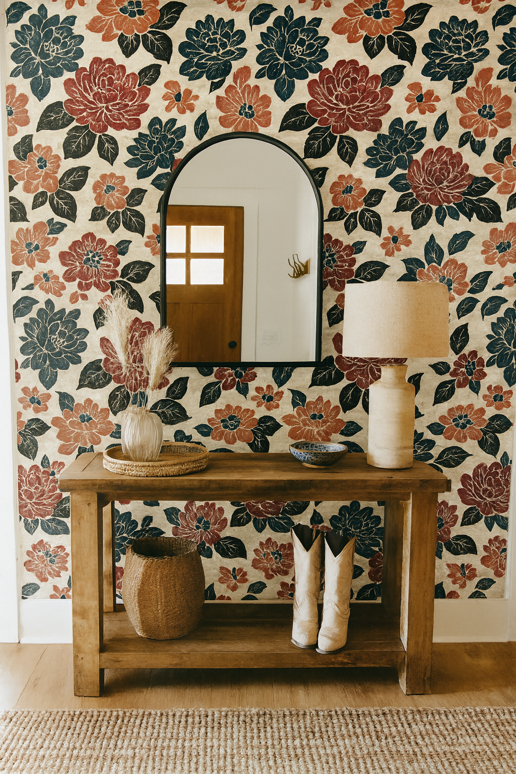 Floral block print bloom wallpaper with botanical pattern, styled with mirror, lamp, and console table.