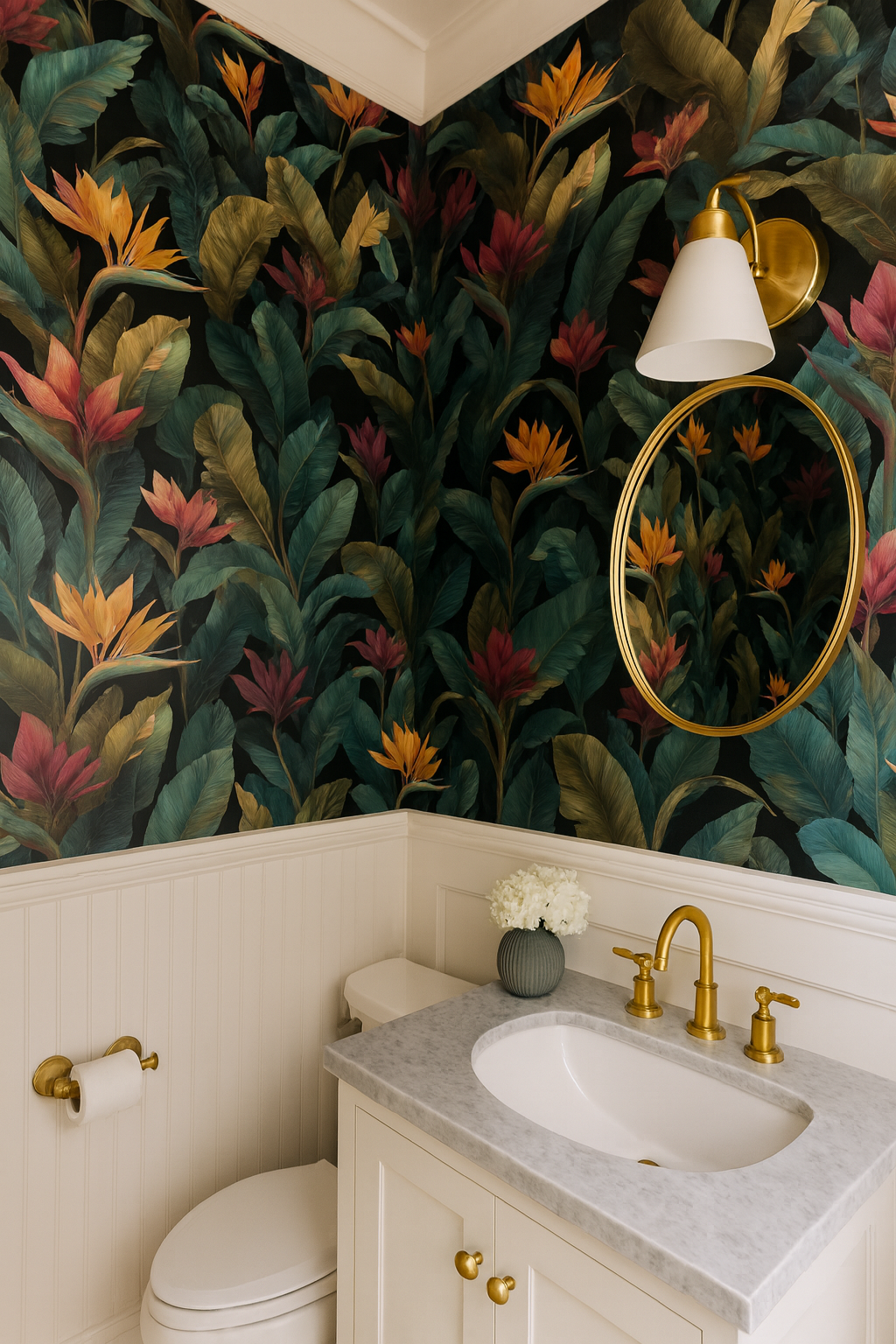 Jungle Nocturne Wallpaper with tropical floral pattern on a black background, adorning a bathroom with white wainscoting and fixtures.
