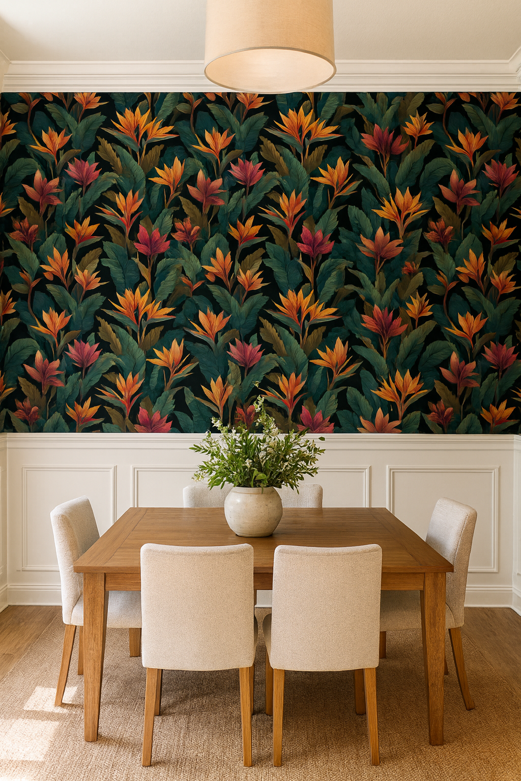 Floral jungle nocturne wallpaper with tropical patterns and dark background.