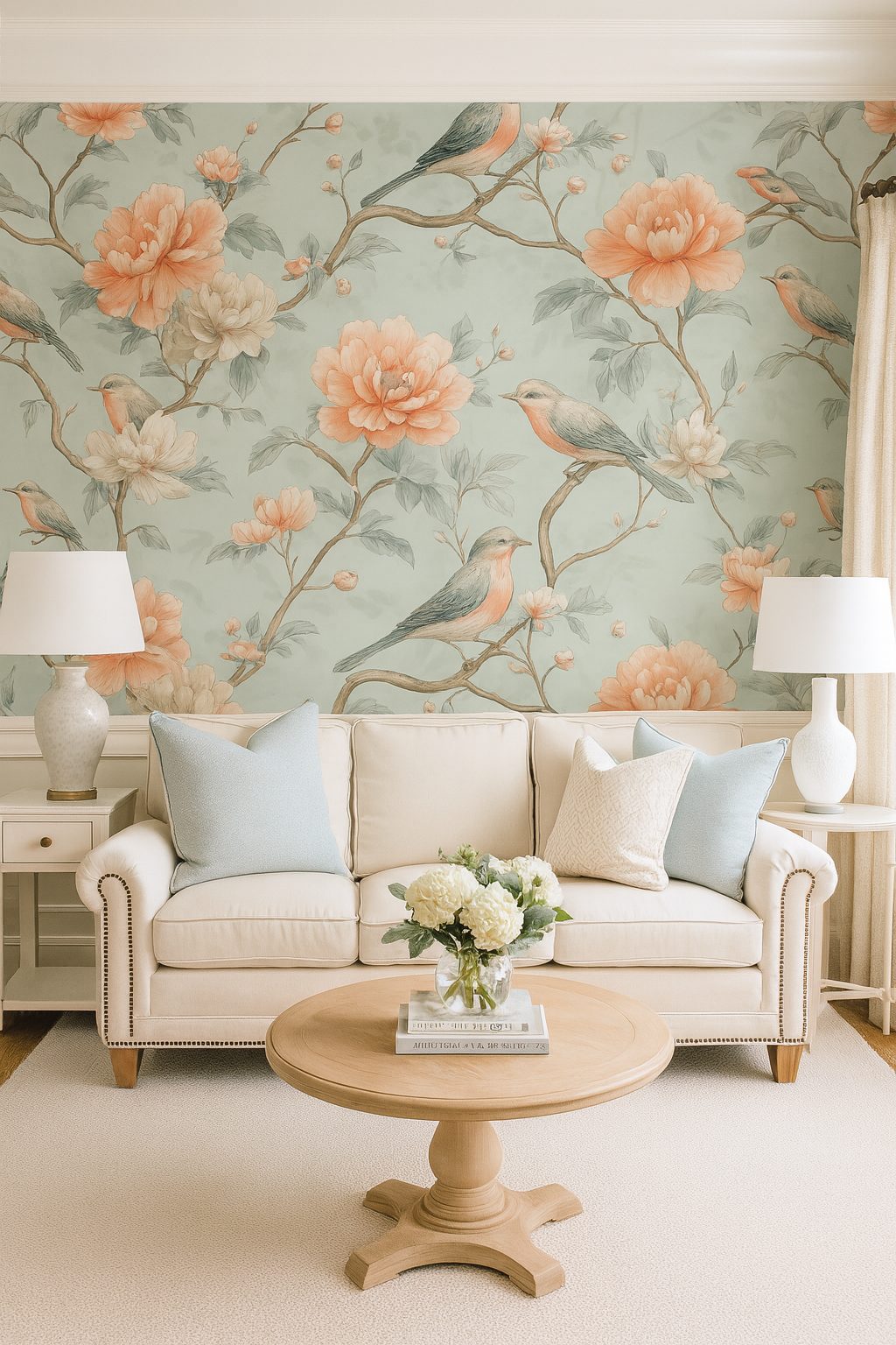 Floral and bird patterned wallpaper with a blue and peach color palette.