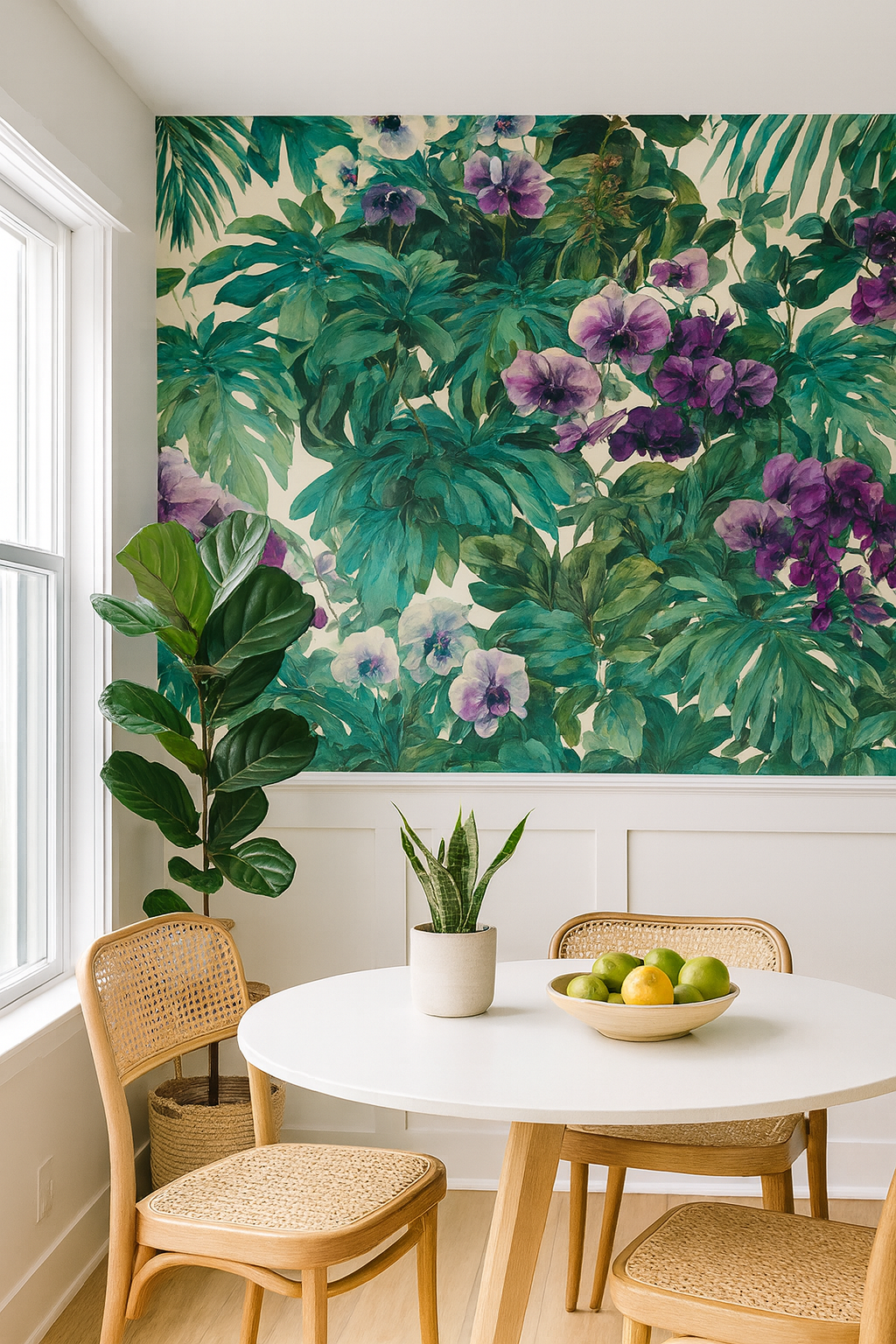 Botanical Emerald Cascade Wallpaper with purple floral and lush green leaf pattern.
