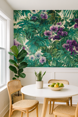 Botanical Emerald Cascade Wallpaper with purple floral and lush green leaf pattern.
