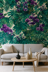 Emerald Cascade Wallpaper with tropical plants and purple orchids.