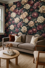 Floral wallpaper with peony pattern on dark background.
