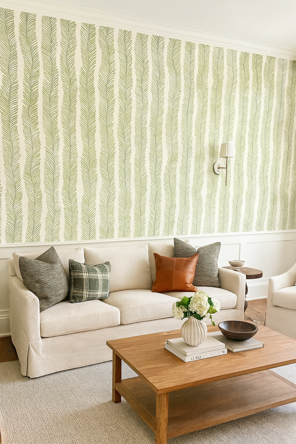 Green fern pattern wallpaper from Fernward, covering the wall above a white wainscoting.