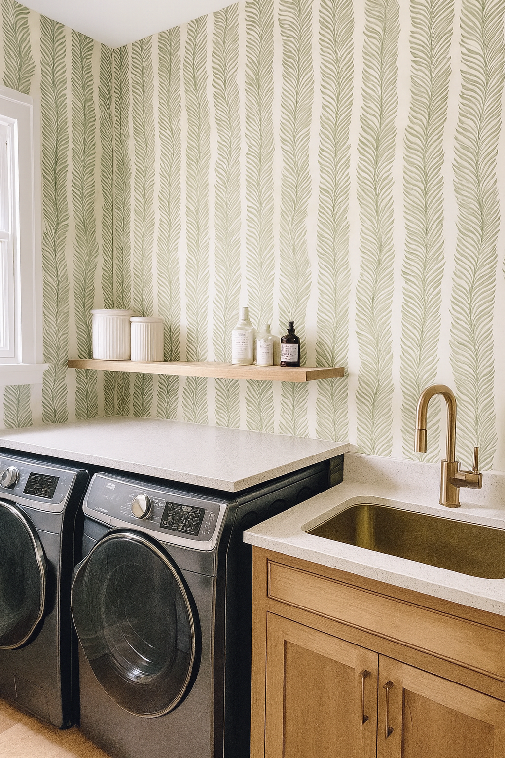 Green fern patterned wallpaper with vertical stripes, a shelf with canisters and bottles, and a gray washer and dryer set.
