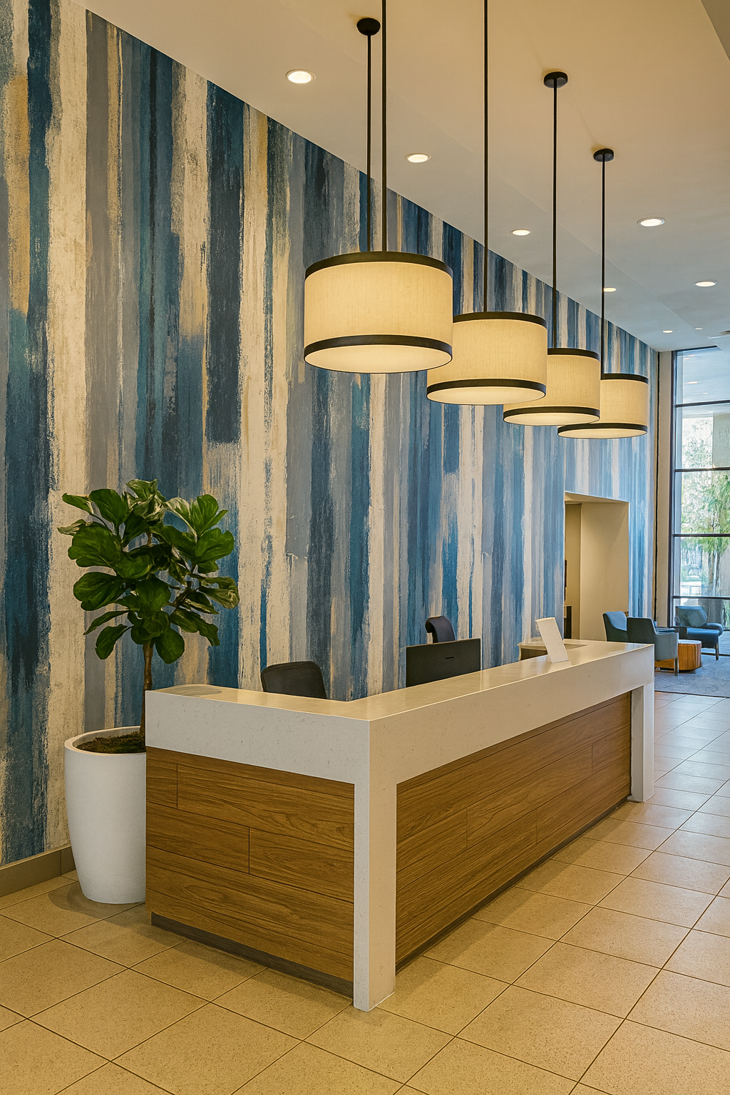 Gouache Drift Wallpaper with blue, white, and gray stripes, lending an abstract, modern texture to the wall.