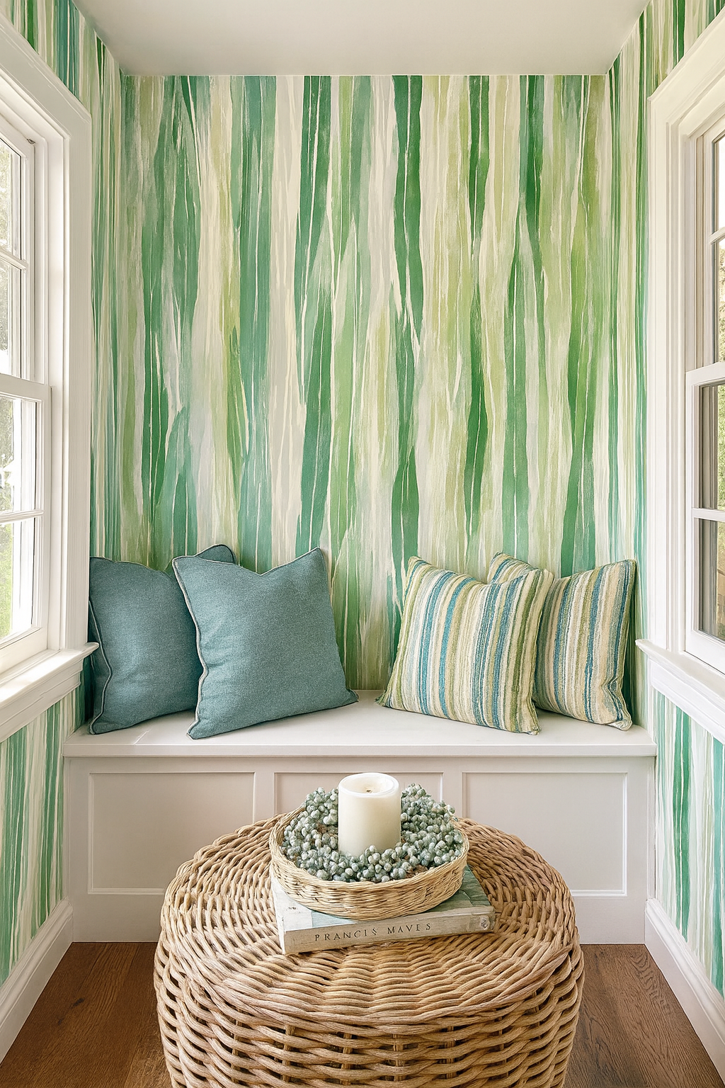Whispering Blades wallpaper with a green and white abstract pattern on the wall.
