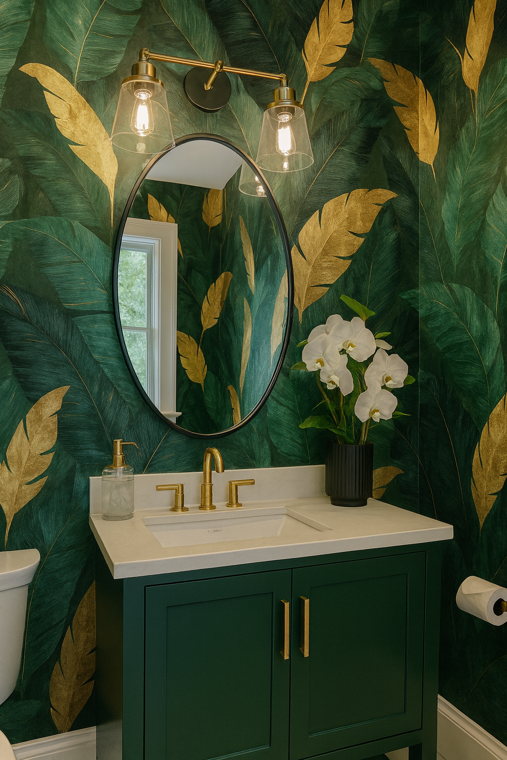 Green jungle luxe wallpaper with gold leaf accents, featuring a vibrant and lush botanical pattern.