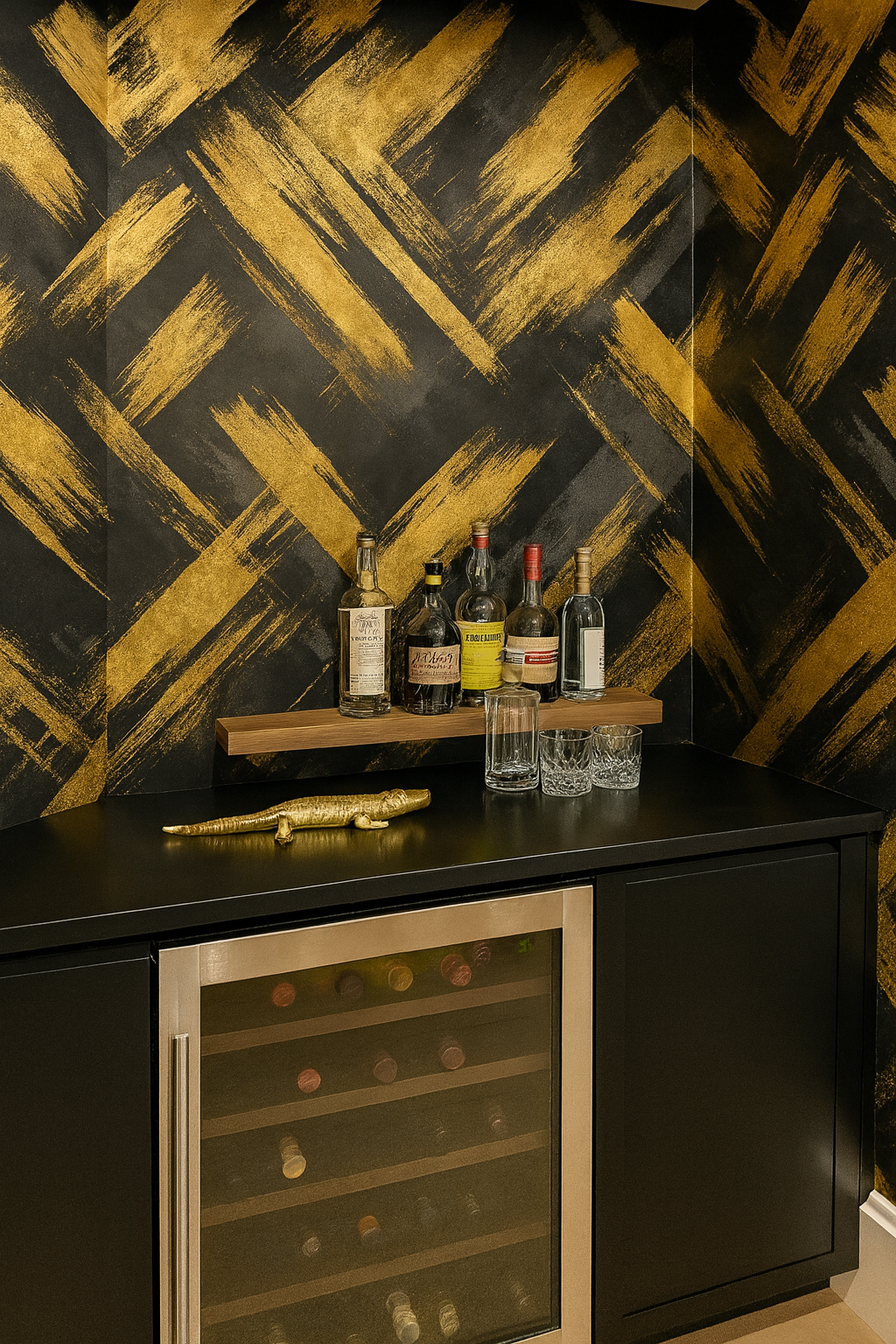 Brushfire Noir Wallpaper with a gold and black painted pattern and abstract brushstroke design.
