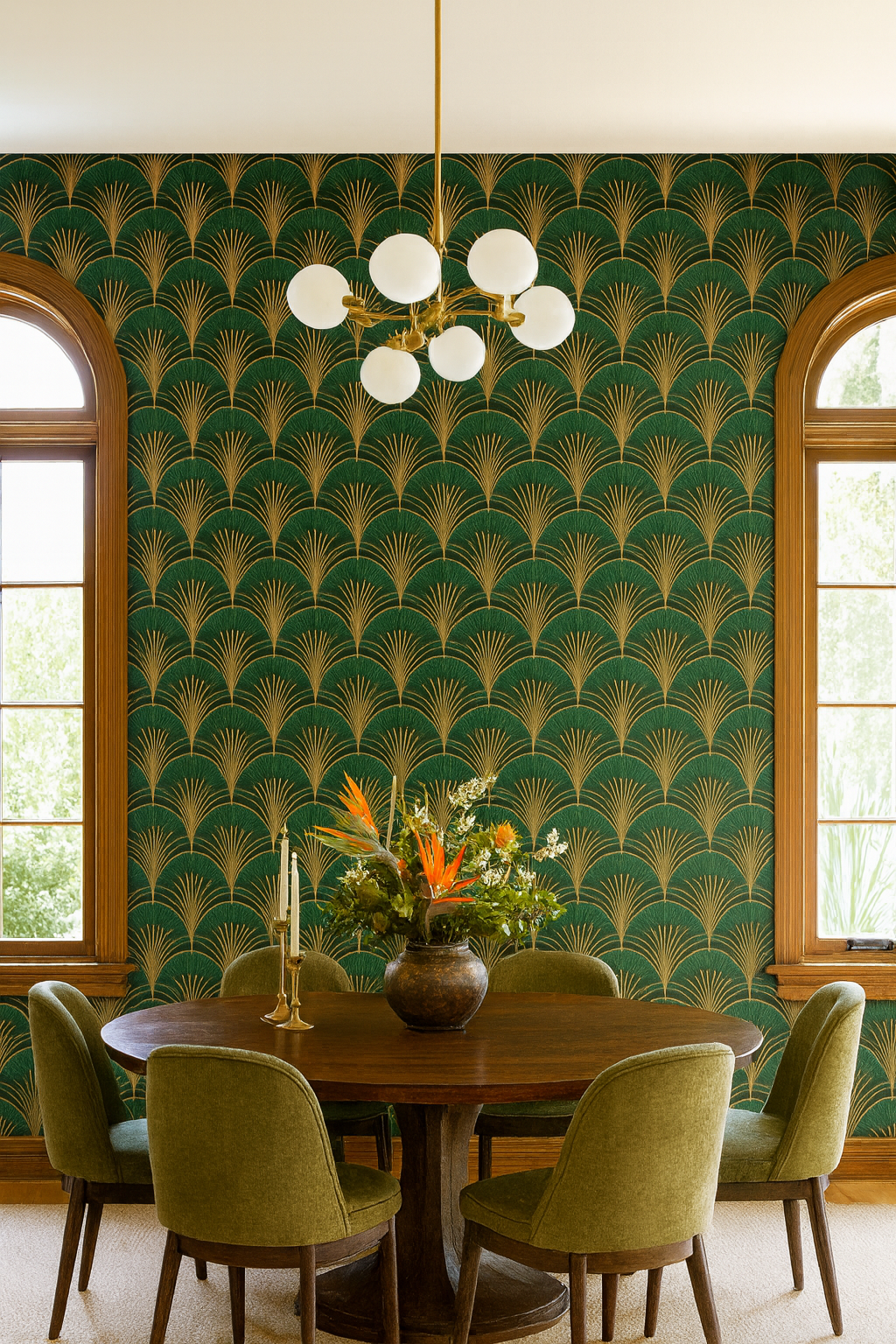 Green Deco Bloom wallpaper with gold accents featuring an Art Deco fan pattern.
