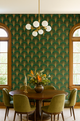 Green Deco Bloom wallpaper with gold accents featuring an Art Deco fan pattern.
