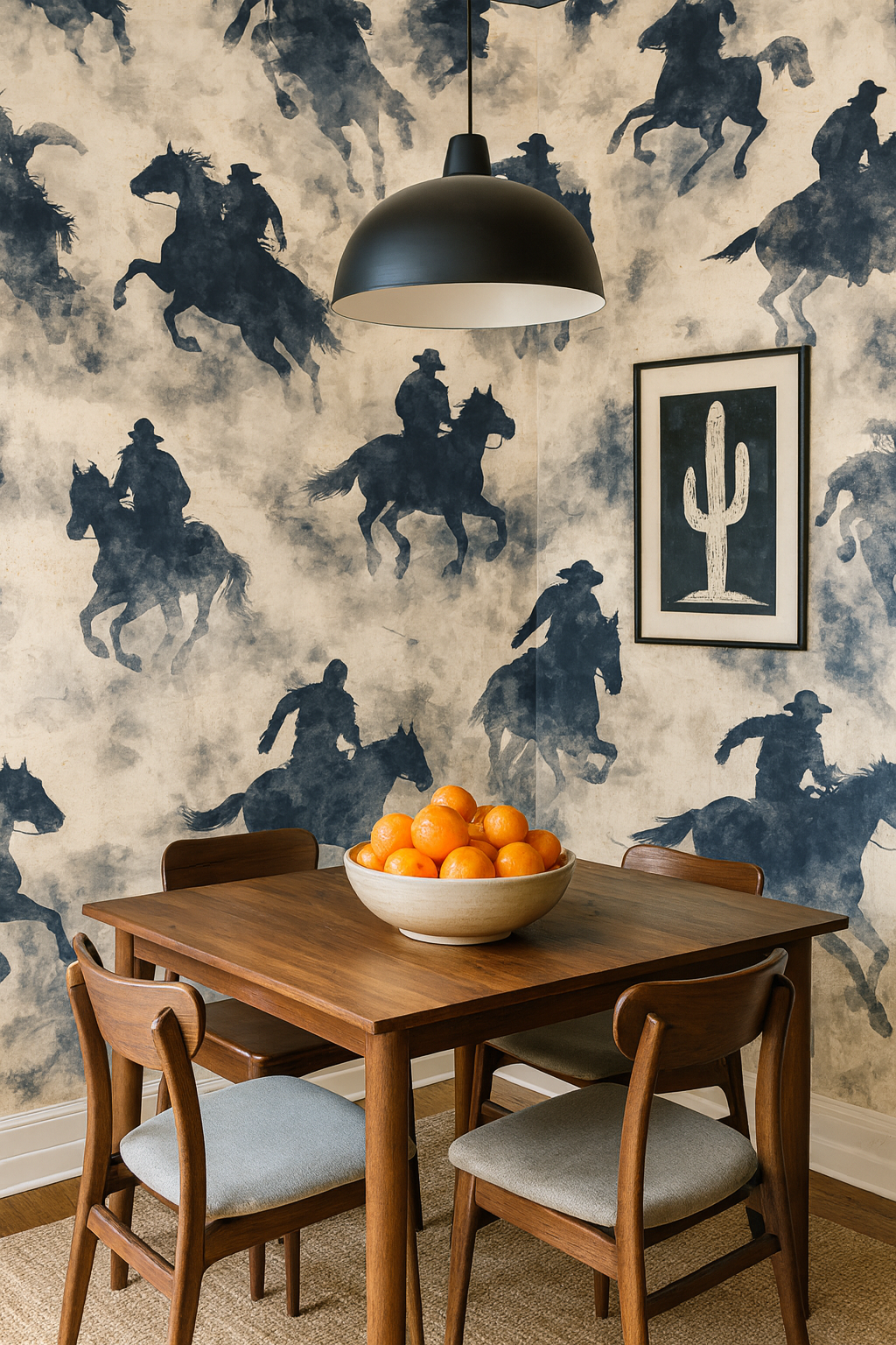 Dust Riders wallpaper with cowboy and horse motif, pattern style, on a dining room wall.