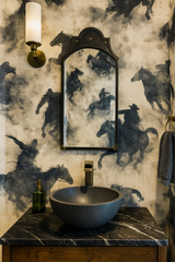 Dust Riders wallpaper with horse and rider silhouettes, in a unique pattern.
