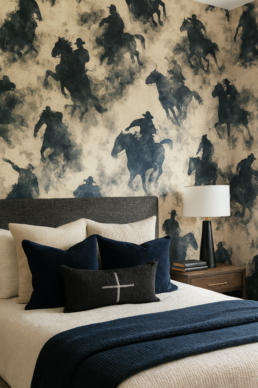 Dust Riders Wallpaper with cowboy motif wallpaper pattern, covering a wall behind a made bed.