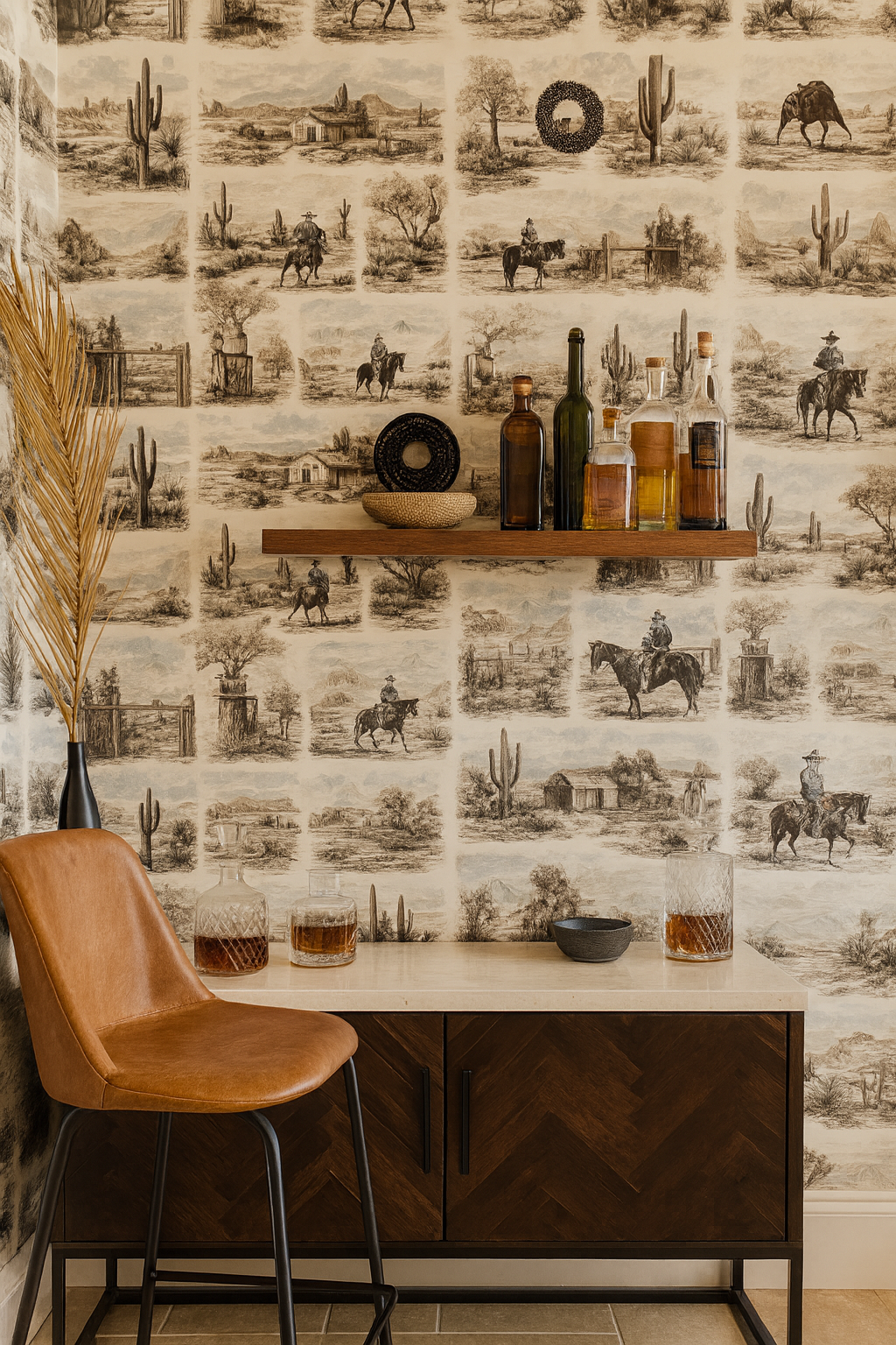 Sonoran Vignette wallpaper with a Western-style pattern of cowboys, cacti, and landscape scenes.
