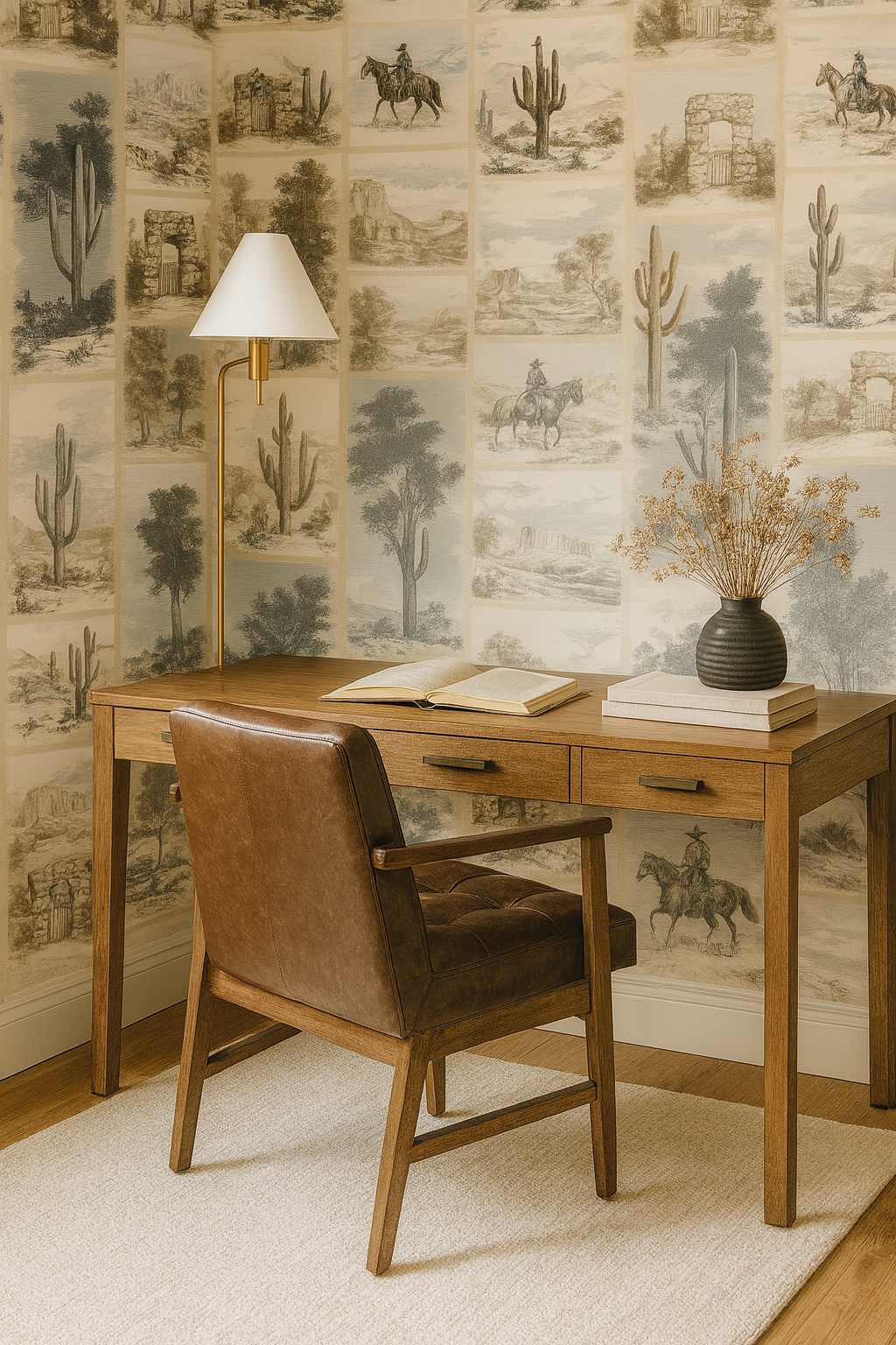 Canyon Sketch Wallpaper featuring a tiled desert scene, with cacti, rock formations, and cowboys on horseback.
