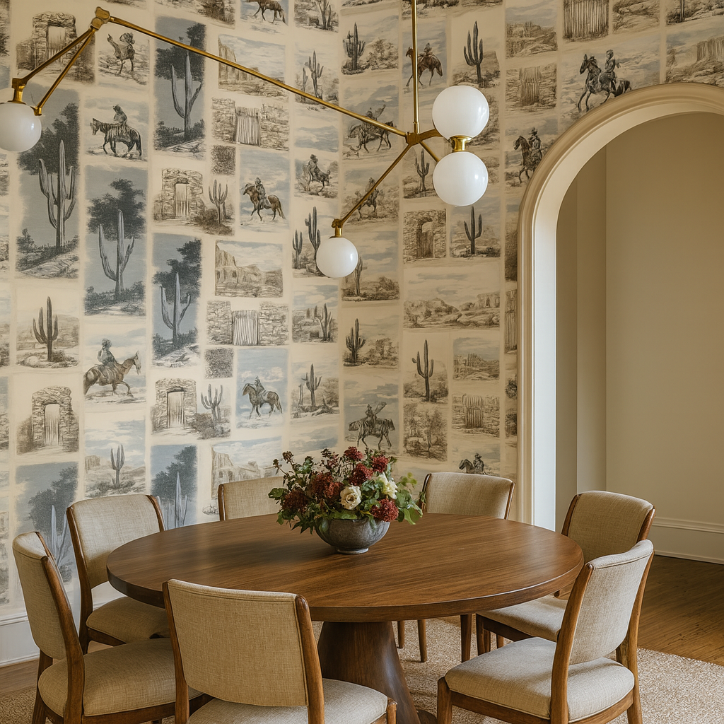 Canyon Sketch wallpaper featuring a repeating desert motif and framed by an arched doorway.
